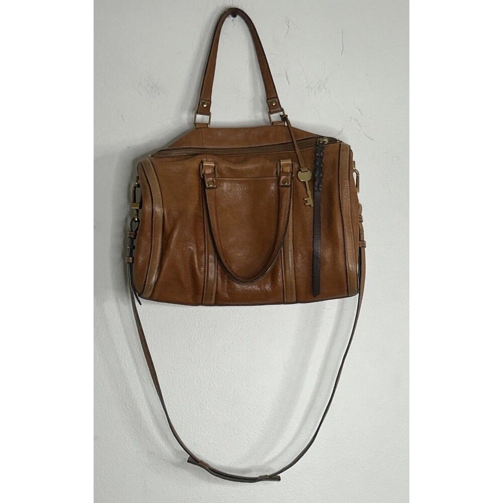 Fossil Brown Leather Satchel Crossbody Bag Handbag Brass Hardware Key Charm